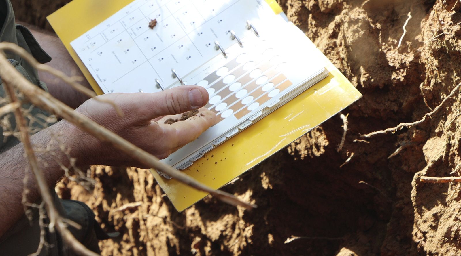 Closeup Shot Of A Man From Soils Inc With A Swatch Book In His Hand And Matching The Color Of The Soil With Its Required Color